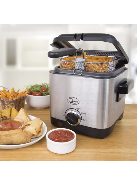 Quest 34250 1.5 Litre Stainless Steel Deep Fat Fryer 130-190°C Adjustable Temperature Lid Cover & Viewing Window Easy Clean with Removable Basket 900W Ideal For Fried Chicken Chips & More - WFGB73HA