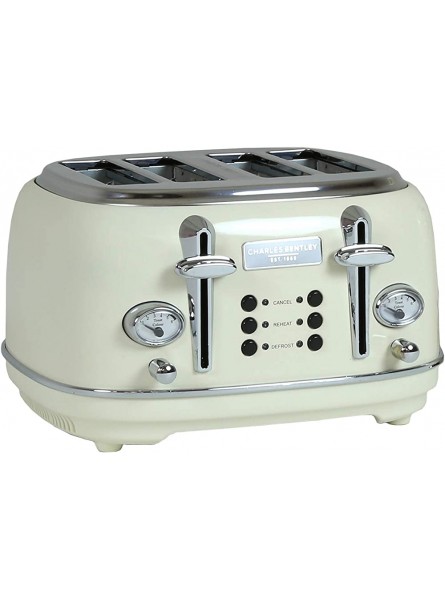 Charles Bentley 4 Slice Toaster Stainless Steel Browning Control Dial with 6 Levels Cream & Chrome Crumb Tray Cancel Defrost Reheat Settings - EDJDNRE4