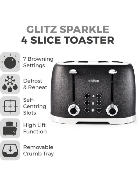 Tower T20030 Glitz Sparkle 4 Slice Toaster 1600W Black Sparkle - NVYSP409