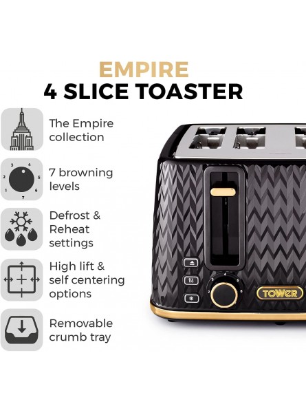 Tower T20061BLK Empire 4-Slice Toaster with Defrost Reheat Removable Crumb Trays 1600W Black and Brass - DNRH0D15