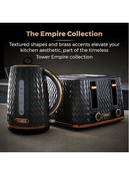 Tower T20061BLK Empire 4-Slice Toaster with Defrost Reheat Removable Crumb Trays 1600W Black and Brass - DNRH0D15