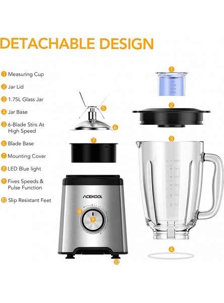 Blender Smoothie Maker 800W Acekool BC1 Glass Smoothie Blender with Professional Stainless Countertop 6 Sharp Stainless Steel Blades 21000U Min 5 Adjustable Speeds 2000ML BPA Free Container Low Noise - EYEVO4DJ