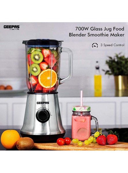 Geepas 700W Glass Jug Food Blender Smoothie Maker | Stainless Steel Cutting Blades 3 Speed Control with Pulse & 1.5L Glass Jar | Powerful Copper Motor Jug Blender & Ice Crusher – 2 Year Warranty - WNXCAI9P