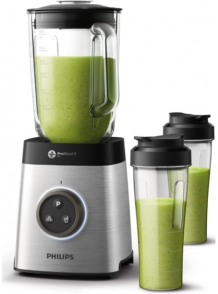 Philips Avance Collection High-Speed Blender 1400W ProBlend 6 3D Technology 2L Glass Jar 2 Extra Tumbler Jars Silver HR3655 01 - PKBXU3I4