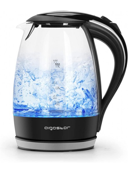 Aigostar Glass Water Kettle with LED Lighting Electric Black Kettle Fast Quiet Boil Cordless Clear Kettle 3000 Watts 1.7 Liter Boil-Dry Protection BPA Free Black Adam Pro - XRDA6AGG