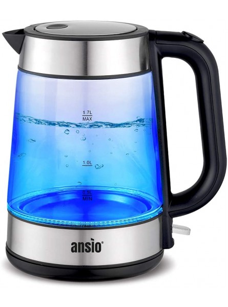 ANSIO Electric Kettle Glass Kettle 1.7L Cordless Clear Kettle 2200W Removable Filter Boil Dry Protection & Auto Shut Off Light Up See Through Illuminated Kettle - OTULX35F