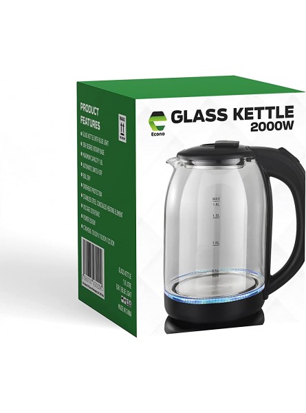 ECONO Electric Glass Kettle with Blue LED 2000W 1.8L Boil-Dry Protection See Through Glass Black Auto Shut-off Over Heat Protection - CYJYEK1U