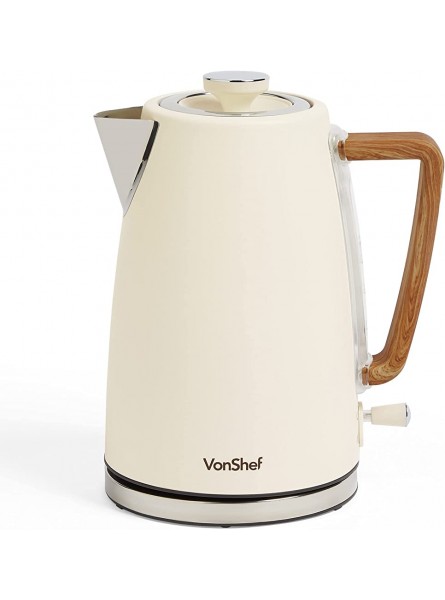 VonShef Rapid Boil Kettle 1.7L Matte Cream and Wood Effect Kettle 2200W – Boil Dry Protection Automatic Shut Off Removable Filter Cord Storage and 360 Degree Swivel Base - WKYU1P0M