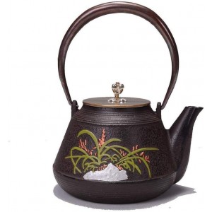 OH Cast Iron Teapot Style Tea Kettle Cast Iron Tea Kettle to Keep Tea Warm Green Leaf Orchid Pattern Iron Kettle Tea Coffee Maker Boiler for Hot Water Safety - FFVY8KVT