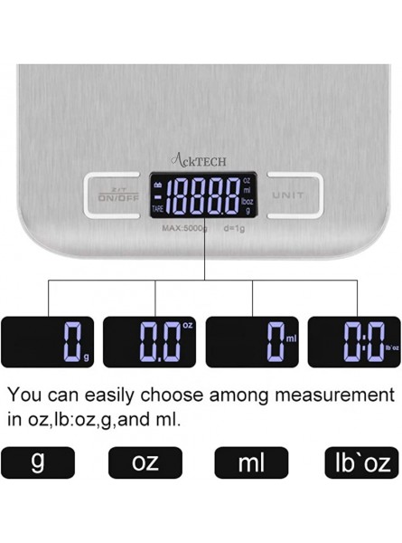 ACKTECH Digital Kitchen Scales with Blacklit LCD Anti-Fingerprint Kitchen Scales Digital Auto Off System and Wider Weighing Platform Tare Function 5kg 1g Silver Scale - JQAYX8GD