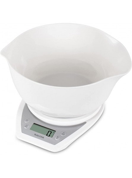 Salter Digital Electronic Kitchen Scales 2 Litre Dual Pour Mixing Bowl Perfect for Cooking Baking Food Liquid Weighing Easy Read Display Metric Imperial 15 Year White With White Bowl - GGZGS01T
