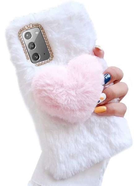 Jorisa Cute Plush Case for Samsung Galaxy S21 Ultra,Furry 3D Love Heart Soft Fluffy Fuzzy Winter Warm Girls Women Case Faux Rabbit Fur Hair Bling Glitter Diamond Silicone Cover,White + Pink - EXGR5V6B