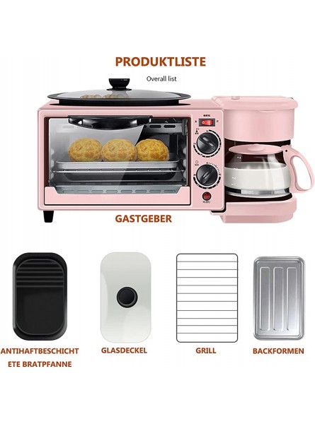 MNCYGJ 3 in 1 Breakfast Machine 1050W Mini Oven with Hotplates 9L Mini-Multifunction Furnace with Tray Non-Stick Grill And 0.6L Coffee Cups Can Bake at The Same Time And Cook UK 220V,Pink - RKPW3A01