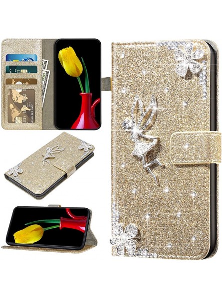 Robinsoni Cover Compatible with iPhone 11 Pro Max Case Sparkle Bling PU Leather Wallet Case Shiny Dimamond Flower Folio Flip Kickstand Cover Glitter Angel Book Style Case TPU Silicone Case Gold - JKNBTTJJ