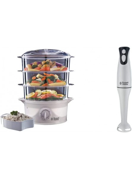 Russell Hobbs 21140 3-Tier Food Steamer 800 W 9 Litre White & 22241 Food Collection Hand Blender 200 W White - EOAASBJ7