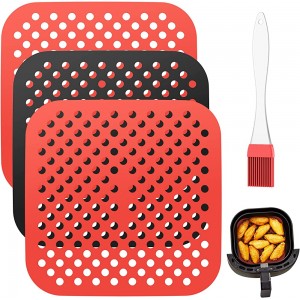Bigqin 3 Pcs Reusable Air Fryer Liners 7.5 inch Non-Stick Mats Square Silicone Heat Resistant Air Fryer Pads Easy to Clean & Food-Grade 1 Black 2 Red Square - YWWSYGVU