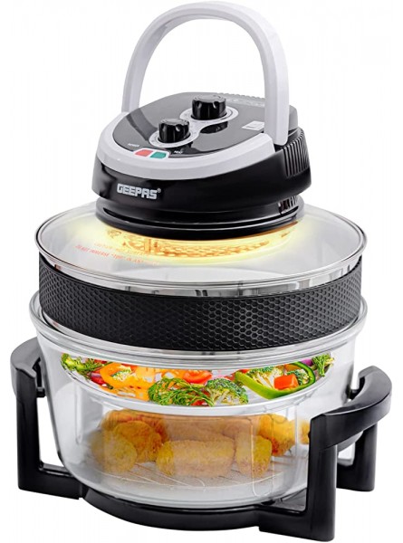 Geepas 1400W Turbo Halogen Oven 17L | 60min Timer Adjustable Temperature Control & Self Clean Function| Low Fat Air Fryer Removable Glass Bowl & Extender Ring to Bake Grill Steam Broil Roast BBQ - OZIATF5Q